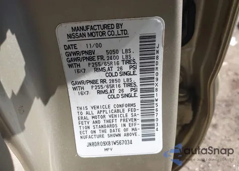 2001 Nissan Pathfinder Le из США, поврежденный, VIN JN8DR09X81W567034